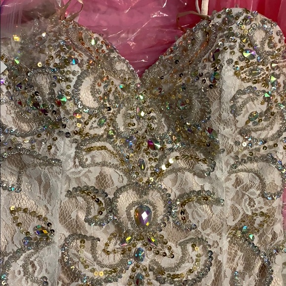 NUDE AND WHITE LACE PROM DRESS WITH BEADING - Picture 7 of 7